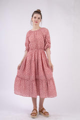 Robe mi-longue fleurie à col rond et volants VERY J