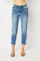 Jean slim taille haute bleu Judy avec ourlet à revers