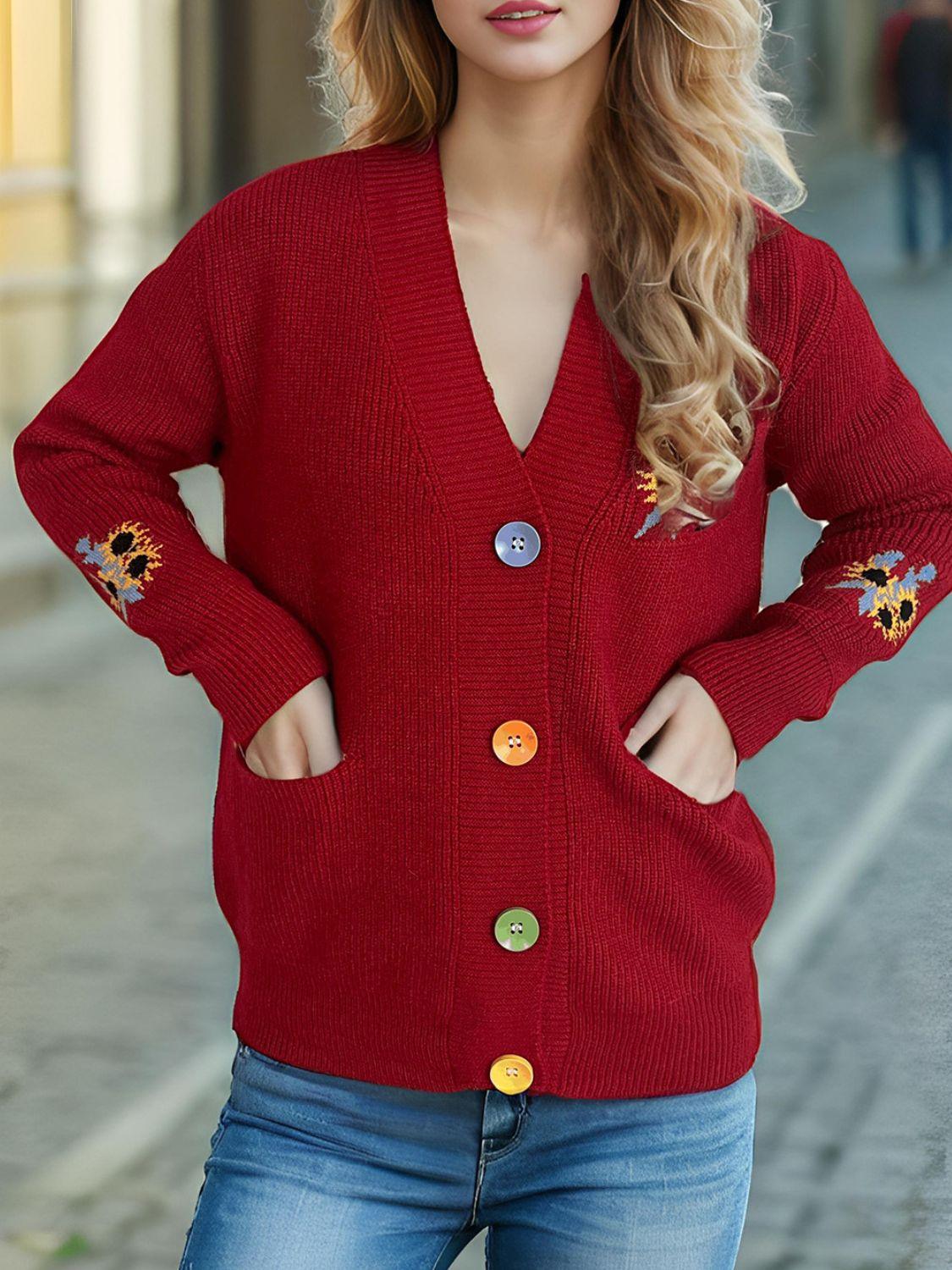 Cardigan à manches longues et col en V avec boutons contrastés