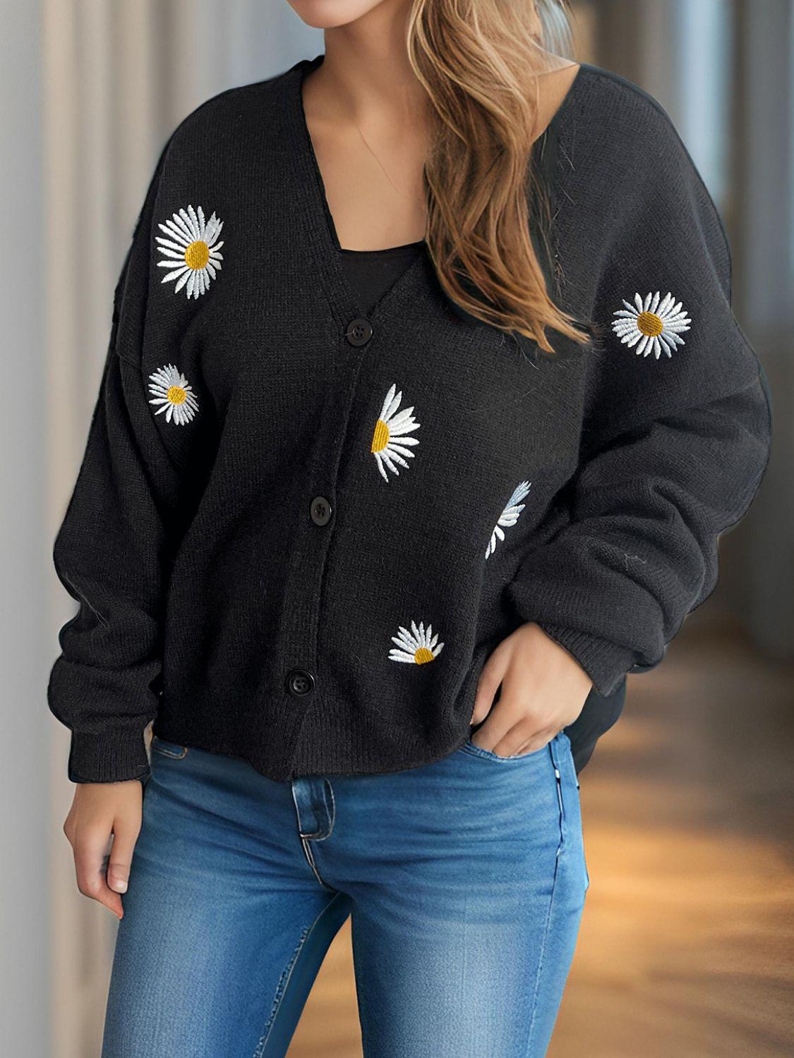 Cardigan boutonné à col en V avec motif marguerite