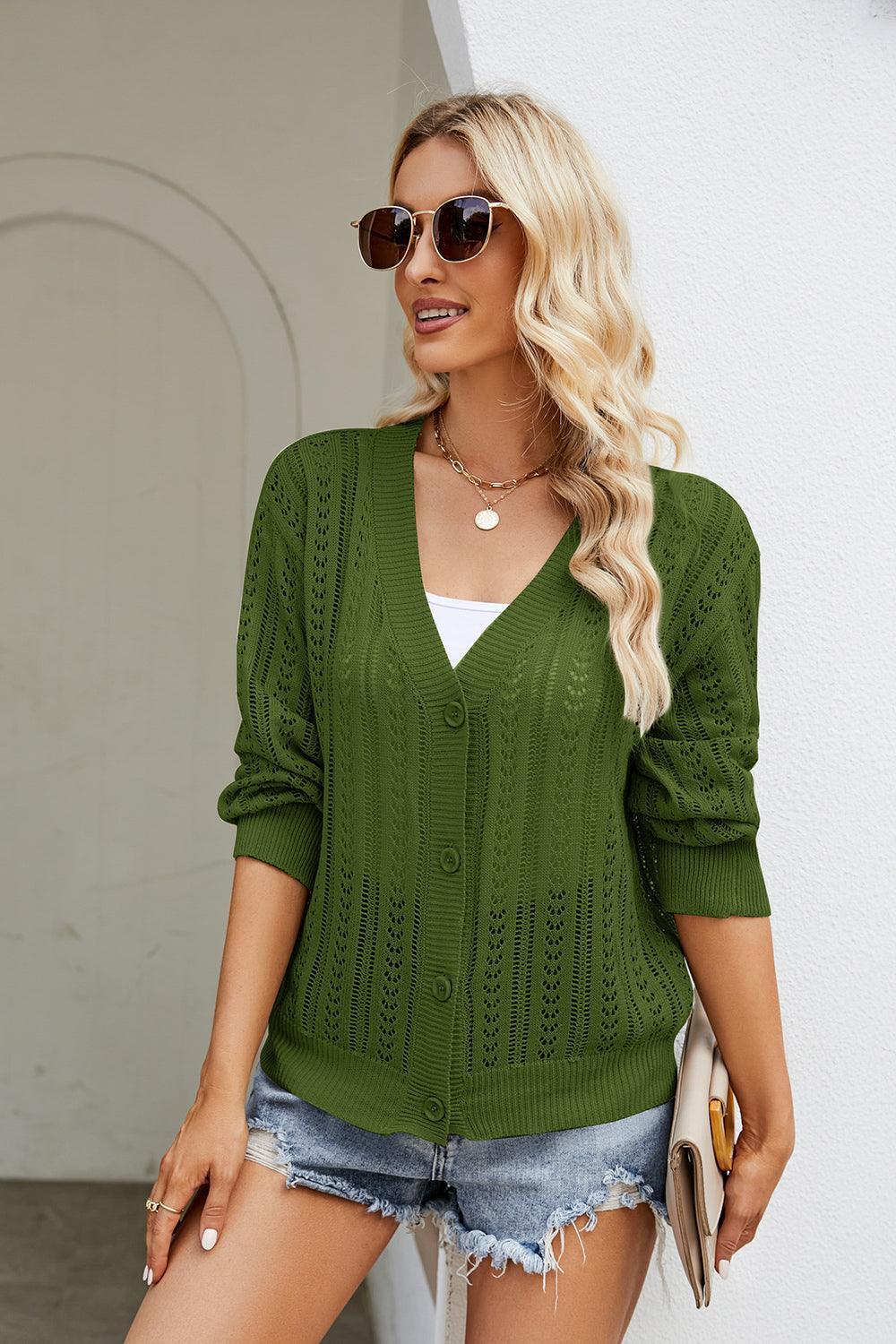 Cardigan à col en V ajouré et boutonné sur le devant