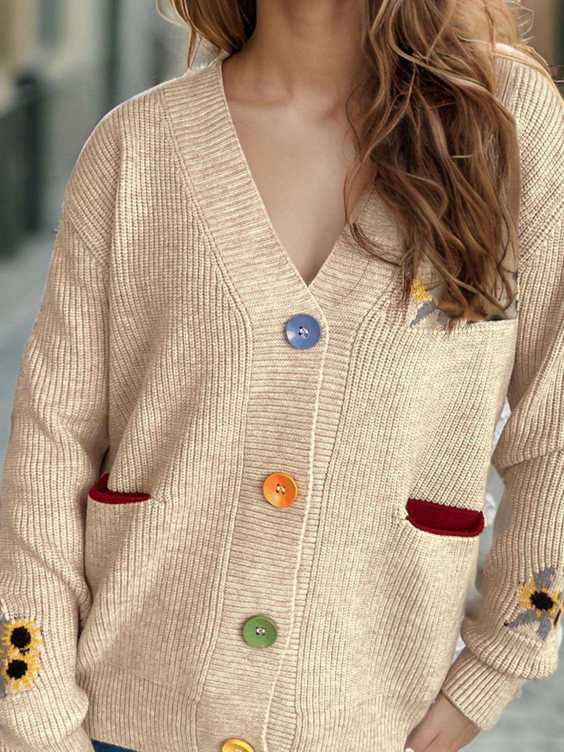 Cardigan à manches longues et col en V avec boutons contrastés