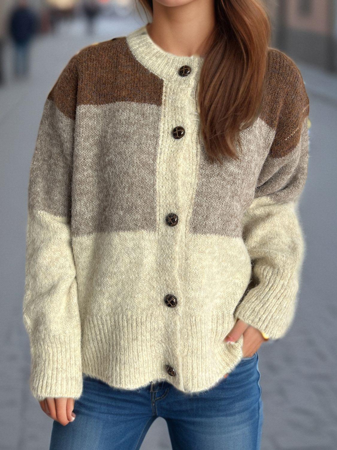 Cardigan boutonné à col rond et blocs de couleurs