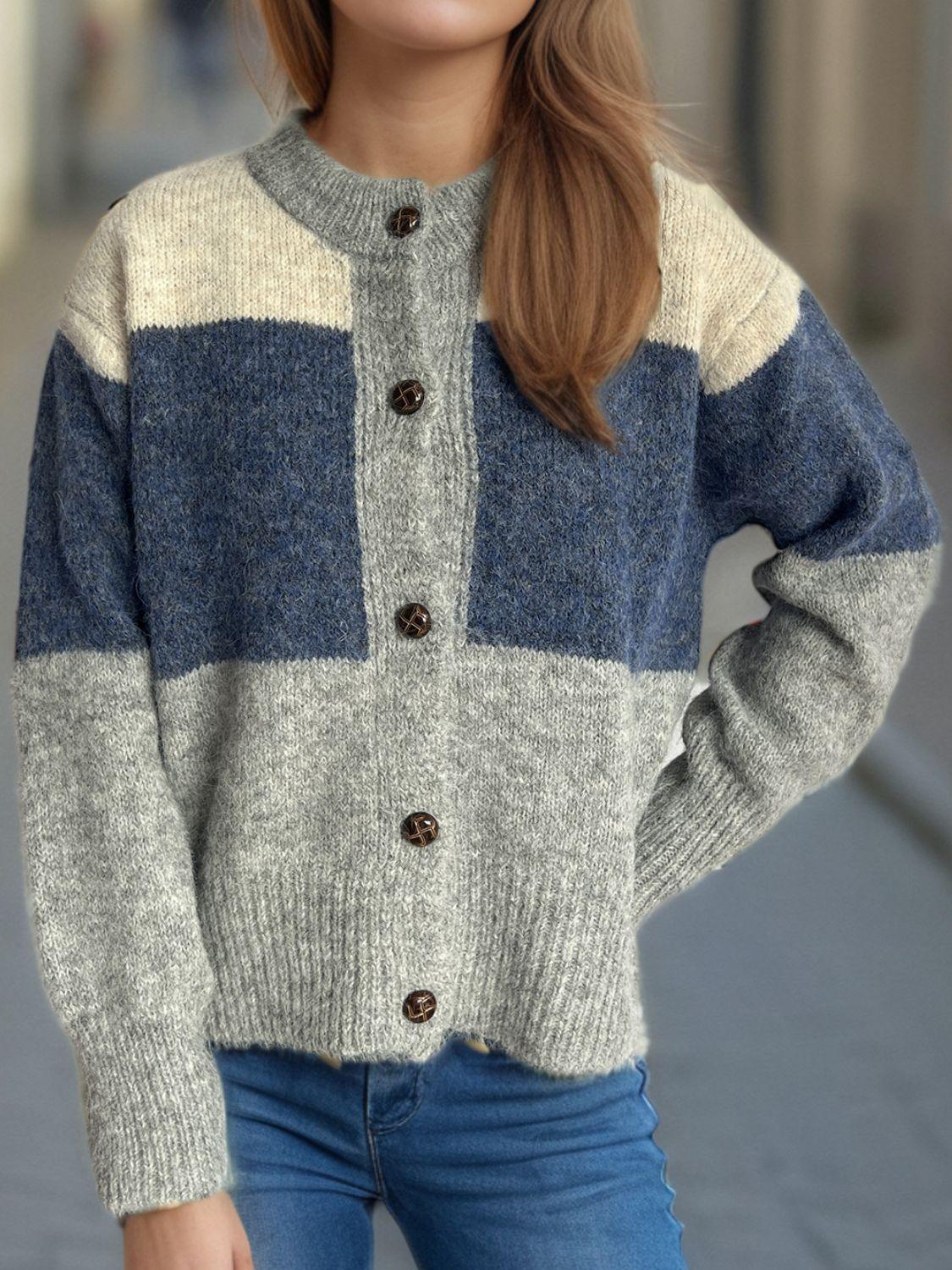 Cardigan boutonné à col rond et blocs de couleurs