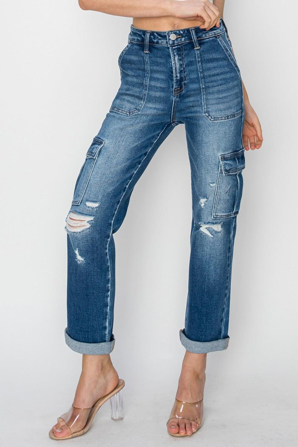 Jean cargo taille haute RISEN coupe droite avec revers à la cheville
