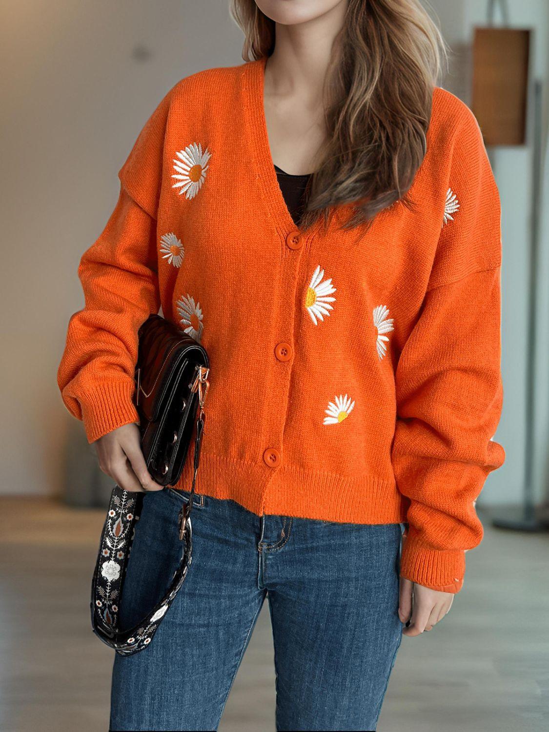 Cardigan boutonné à col en V avec motif marguerite