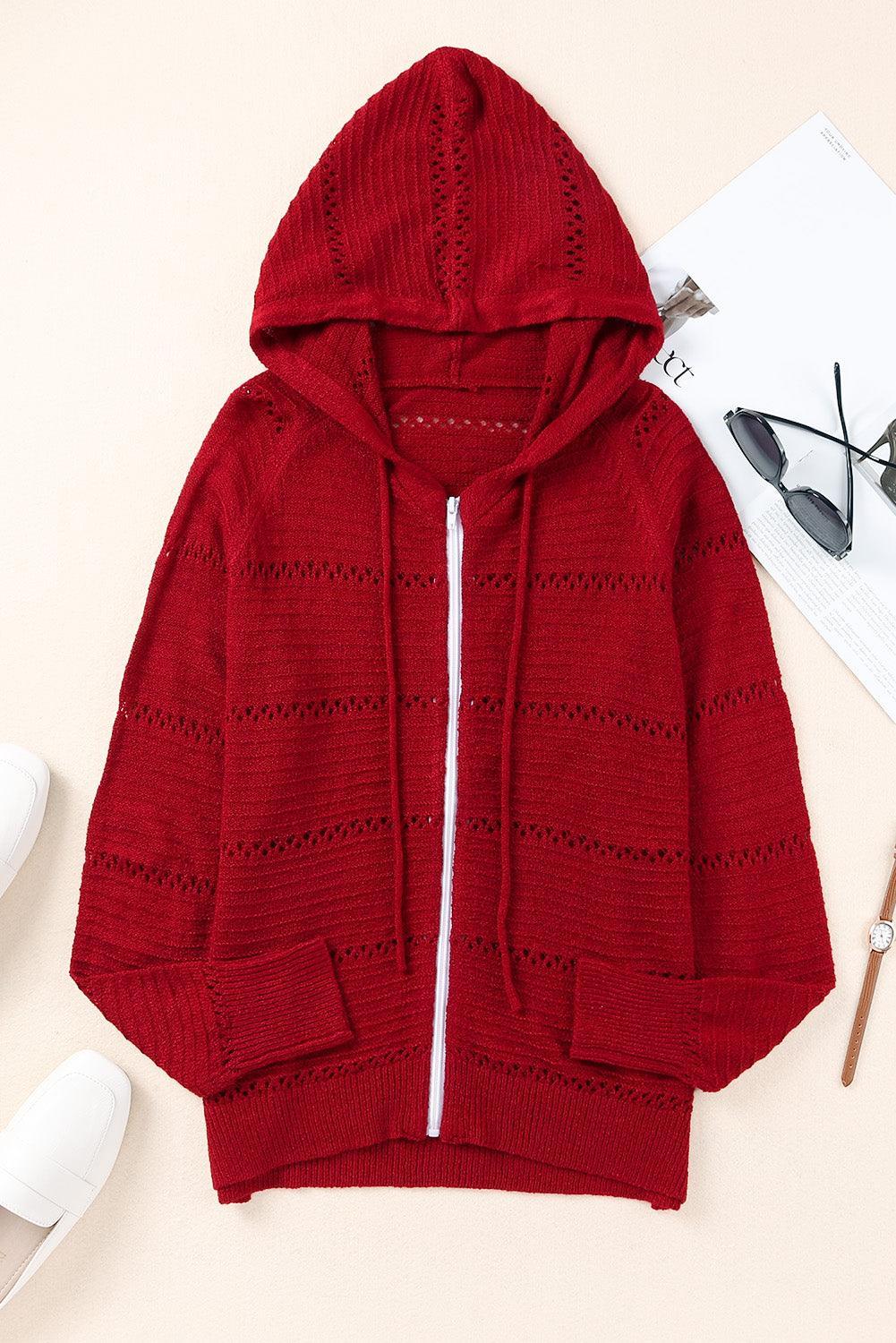Cardigan à capuche ajouré à manches raglan et fermeture éclair