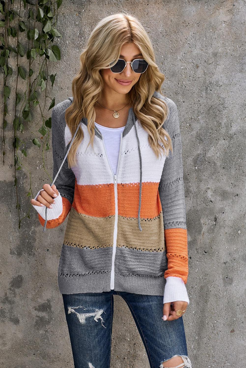 Cardigan à capuche ajouré à manches raglan et fermeture éclair