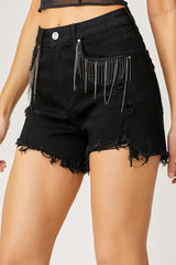 Short en jean RISEN à ourlet effiloché et poches à franges