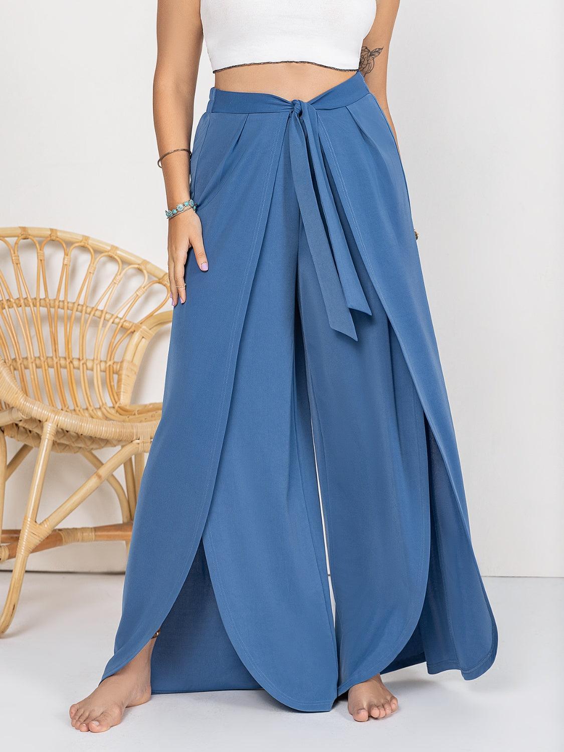 Pantalon large à fente nouée grande taille