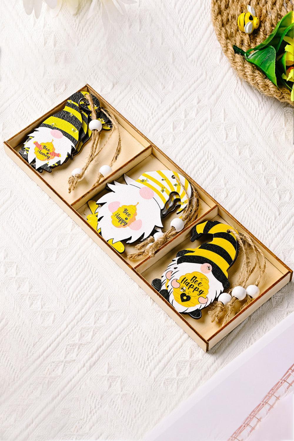 Lot de 3 décorations de gnomes en bois en forme d'abeille